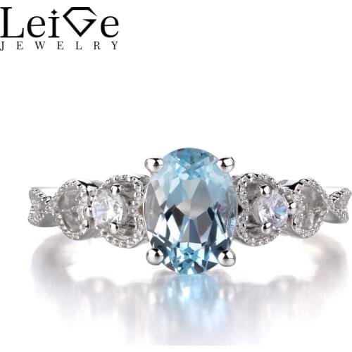 Leige Jewelry Natural Aquamarine Ring Blue Gemstone Jewelry Engagemenr Promise Rings 925 Sterling Silver Anniversary Gift
