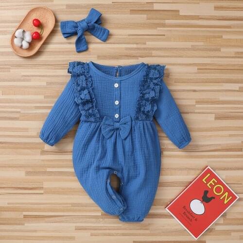 Newborn Infant Baby Girl Cotton Linen Romper Buttons Lace Bow One Piece Jumpsuit Clothes Long Sleeve Toddler Jumpsuit 0-18M
