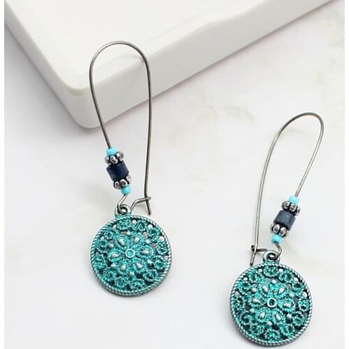 Round Vintage Engraved Design Pendant Earrings Simple Punk Style Patterned Alloy Bohemian Folk Style Hook Earrings