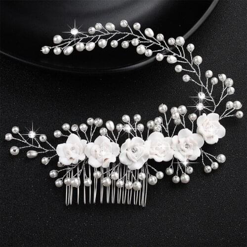 Fashion Soft Ceramic Metal Bridal Bristle Comb Handmade Engagement Wedding Pearl Flower Elegant Temperament Hairpin Headdress