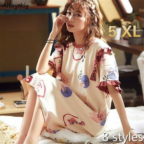 Nightgowns Women Summer Korean Fashion Sweet Printed Short Sleeve Knee-length Nightie Comfortable Sleepwear Plus Size Lounge Ins