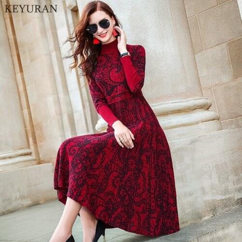 2021 Autumn Winter Long Sleeve Women Maxi Dress Retro Jacquard Half Turtleneck Party Knit Dress Female Slim Long Dress Vestido