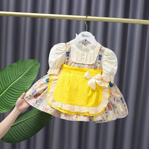 Summer Children Kids Lolita Style Vintage Floral Print Puff Sleeve Princess Party Birthday Pleated Tutu Girls Dress Vestidos
