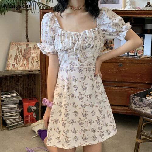 Dress Women Square Collar French Puff Short Sleeve Mini Printing Sweet Ulzzang Stylish Elegant Ladies Vestidos Summer Prevalent
