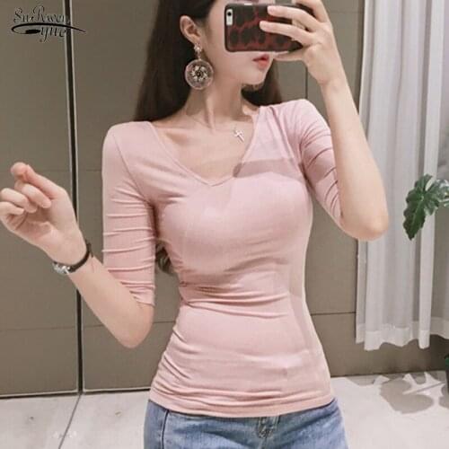 Korean Style Summer Blouse Women Casual Short Sleeve Pink Black Women Shirts Slim Fit V Neck Pullover Lady Tops Clothes 9272 50
