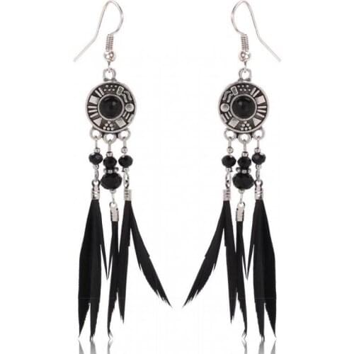 Winter Vintage Feather Long Earrings For Women Elegant Ethnic Dangle Earring Jewelry Black Feather Tassel Accessories Gift