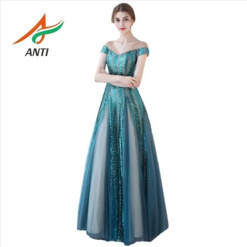 ANTI Saudi Arabic Dark Green A-Line Evening Dress V-Neck Long Off the Shoulder Robe De Soiree 2019 Dubai Turkish Evening Gowns