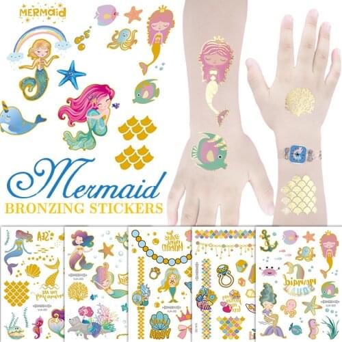 Gold Mermaid Flash Arm Body Art Water Transfer Waterproof Temporary Tattoo Sticker For Women Girls Accessories Fake Tattoos