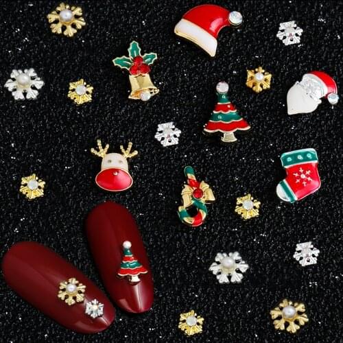 11/28Pcs 9 Style Designs Christmas Tree Sock Snowflake Nail Art Decoration Alloy Metal 3D Nail Rhinestones Accessories Jewelry