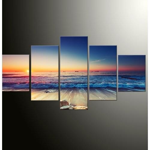 5Pcs Sunset Seascape Family with Pine Forest Canvas Art Print Painting Poster, Wall Picture for Home Decoration, Home Decor