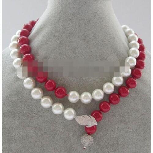 Free shipping 35" 10mm white+ red coral color round south sea shell pearl necklace - 925silver