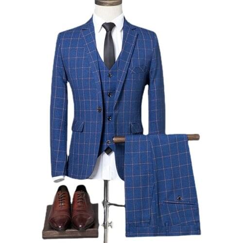 Blazer+Vest+Pant) Burgundy Slit Mens Suits 3 Piece Plaid One Button Lapel Casual Tuxedos For Wedding Groomsmen Suits Men 2021