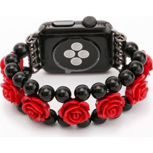 Women Red Rose Flower Agate Band for Apple Watch Series 6 5 4 3 Bracelet for iWatch Strap 44mm 40mm 42mm 38mm Jewelry Wristband