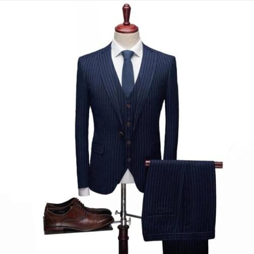 Pinstripe Trousers Suit Three-piece Suit Mens Wedding Groom Korean Slim Suit Men Single Button Suits