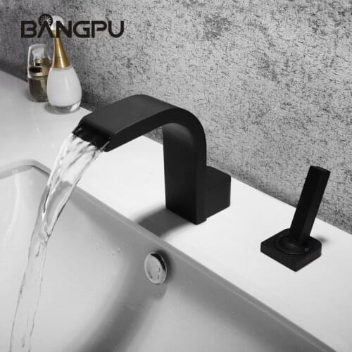 BANGPU Black Bathroom Faucet Waterfall Basin Faucet Single Handle Sink Faucet 2 Hole Bathroom Tap Solid Brass Deck Mounted