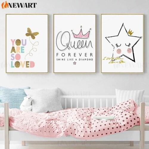 Nursery Wall Art for Baby Girl Room Poster Print Star Crown Queen Decoration Canvas Picture for Kids Bedrtoom Pink Painting Art