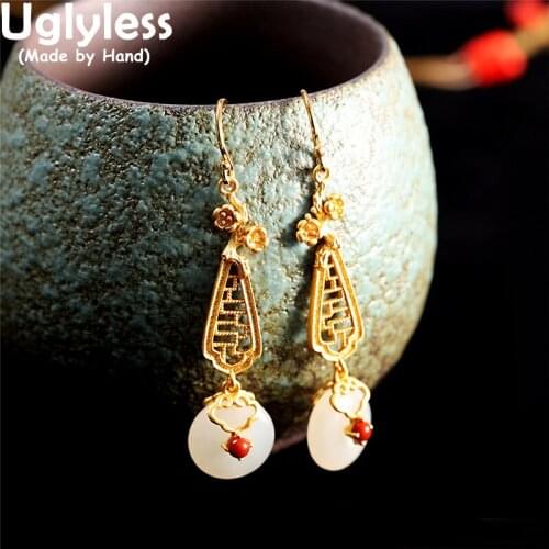 Uglyless Ethnic Hollow Flowers Earrings for Women Peace Button 925 Silver Ethnic Brincos Gold Agate Retro Dress Jewelry Gemstone