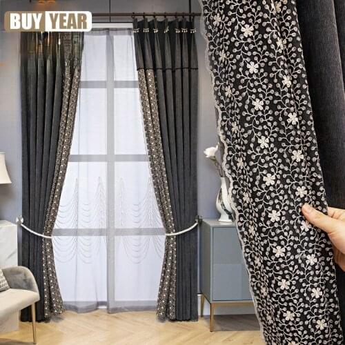 French High-end Lace Stitching Chenille Blackout Curtains for Living Room and Bedroom Finished Products Customization