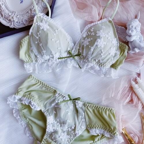 Bra set wire free comfortable lingerie with panty set sweet lace three-dimensional flower bralette girl triangle cup underwear