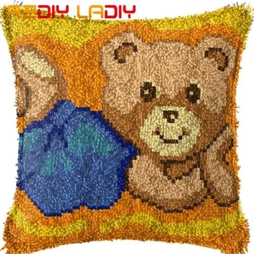 Latch Hook Cushion Blue Sleeping Bear Printed Canvas Cushion Cover Acrylic Yarn Crochet Pillow Case Kit Hobby & Craft Home Decor
