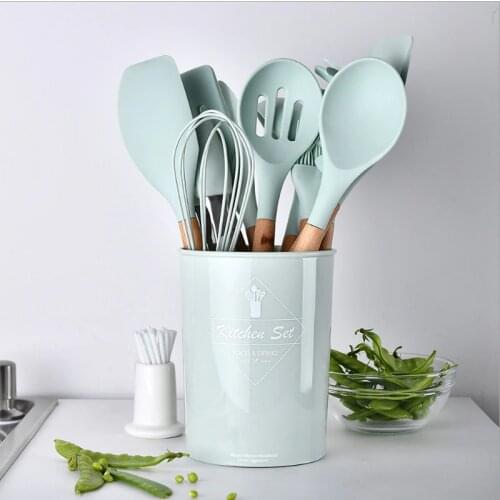 11 styles silicone kitchen utensils solid wood handle silicone cookware storage barrel non-stick shovel kitchen cooking tools