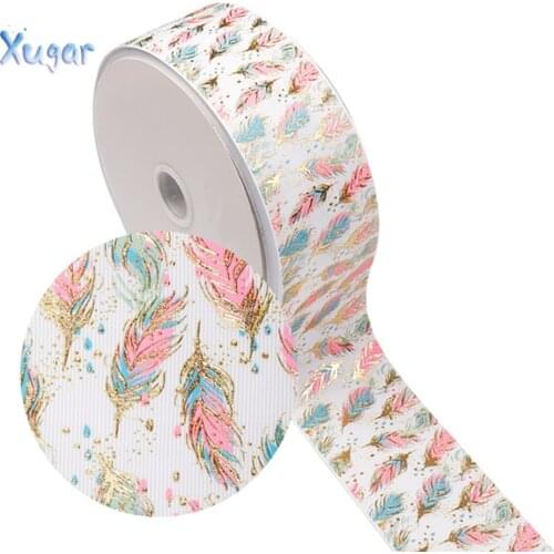 Xugar 2yards 3"(75mm) Foil Printed Ribbon Colorful Foil Feather DIY Hairbows Accessories Handmade Materials Gift Wrapping Tape
