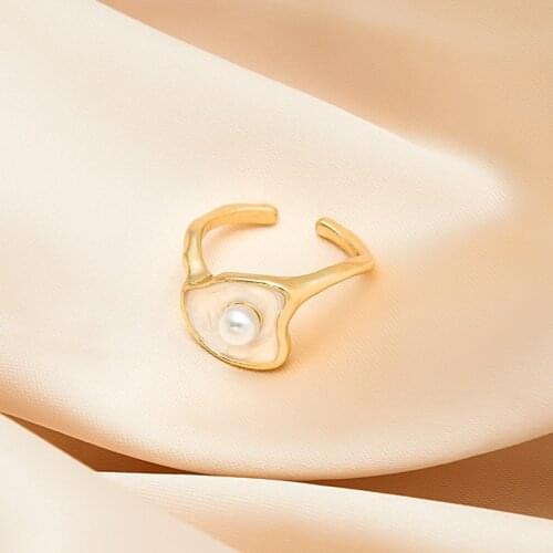 Trendy French Enamel Gold Color Statement Big Baroque Adjustable Open Pearl Rings for Women Girl Female Summer Fashion Jewelry