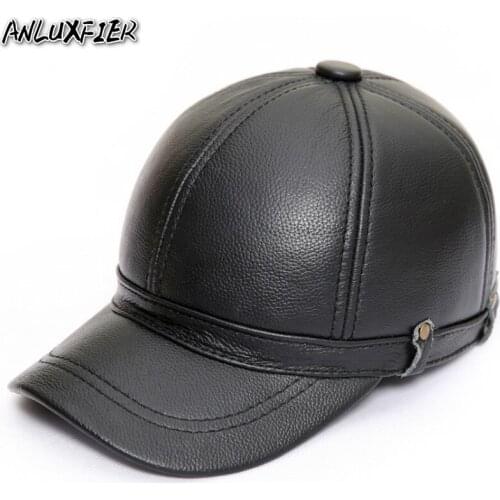 Male Genuine Leather Hat Adult Cowhide Baseball Cap Adjustable Quinquagenarian Earmuffs Thick Warm Peaked Cap B-7290