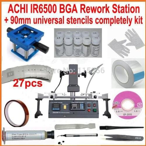 New BGA rework station infrared ACHI IR6500 motherboard repair machine + 27pcs 90mm universal bga stencils kit reballing base