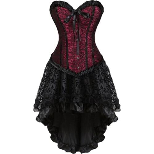 2020 New XS-XXXXXXL Gothic Burlesque Steampunk Corset Dress Overbust Corsets and Bustiers with Layed Skirt