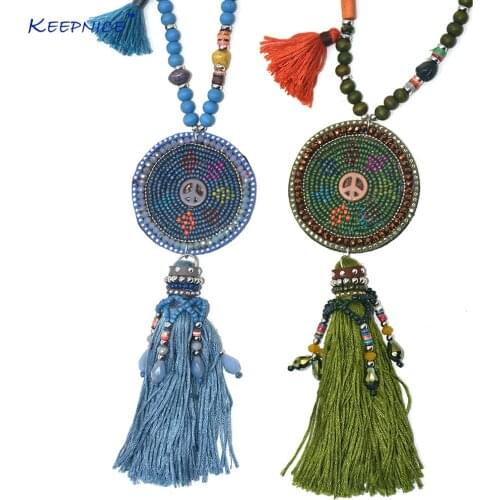New Handmade Boho Wooden Beads Chain Cotton Tassel Pendents Necklce Bohemia Long Fringe Olive Green tassel Pendant Necklace