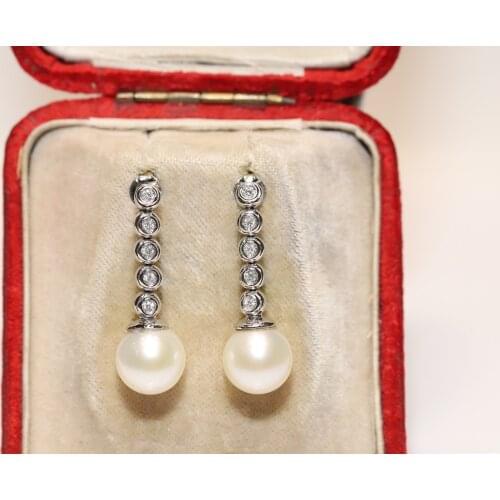 Original 18k Gold Natural Diamond And Pearl Decorated Pretty Earring