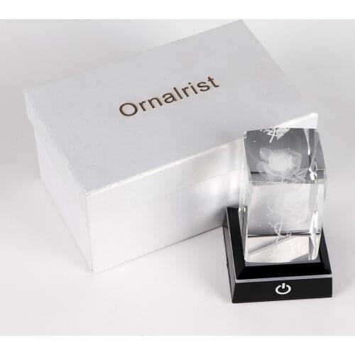 Ornalrist K9 Crystal Cube 3D Laser Engraving Rose Flower Block Gift for Women Home Decoration