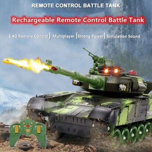 Rechargeable Remote Control Battle Tank Off-road Track Slope Climbing Rotation Turret Launch Simulation Sound LED Light Tank Toy