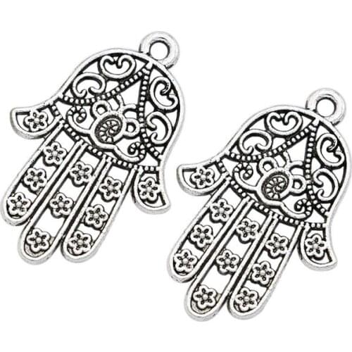 Antique Silver Plated Hamsa Hand Charm Pendant for Bracelet Jewelry Making DIY Handmade Craft 30x20mm