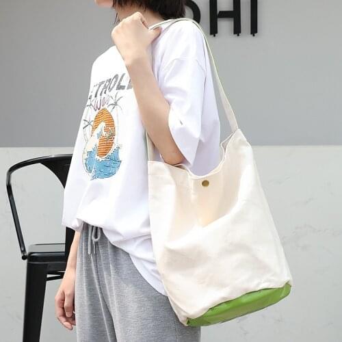 Simple Canvas Shoulder Bag Leisure Art Bucket Bag Fashion Stitching Large Capacity Trend
