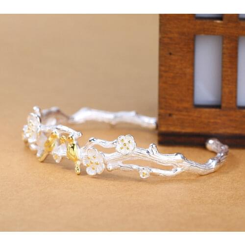 925 Sterling Silver Little Bird and Plum Blossom Adjustable Bangle Fashion Simple Bracelet Bangle For Christmas Gift S-B275