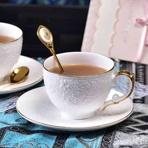 Ceramic Coffee Cup and Saucer Set Luxury Flower Tea Cup with Gold Embossed Light Luxury Exquisite Afternoon Tea Cup with Spoon
