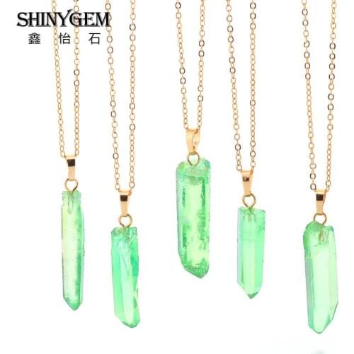 SHINYGEM Hot Sale Natural Point Raw Crystal Quartz Contracted Fashion Style Necklace Green Trim Bead Chain Necklace Jewelry Gift