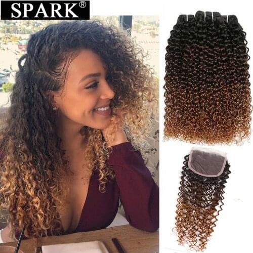 SPARK Ombre Human Hair Weave Bundles With Closure Brazilian Afro Kinky Curly Hair With Closure Remy Human Hair Extensions Black