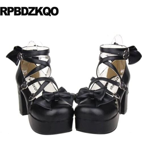Bow Crossdresser Pumps Block Round Toe Platform Shoes High Heels Big Size Women Cross Strap Ankle 12 44 3 Inch 13 45 Lolita