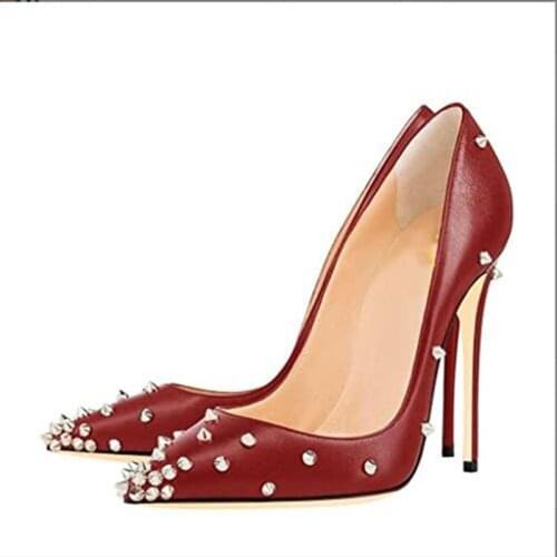 Shofoo shoes ,new versatile pointed point shallow mouth slim heel with rivet high heel about 11 cm high