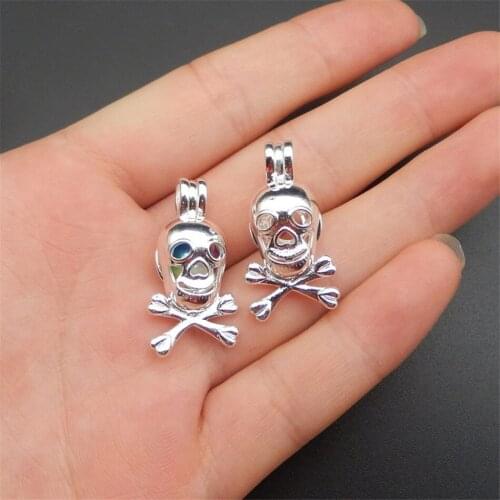 10pcs bright silver skull head pearl cage necklace pendant aroma oil diffuser adds your own pearl stone makes it more attractive