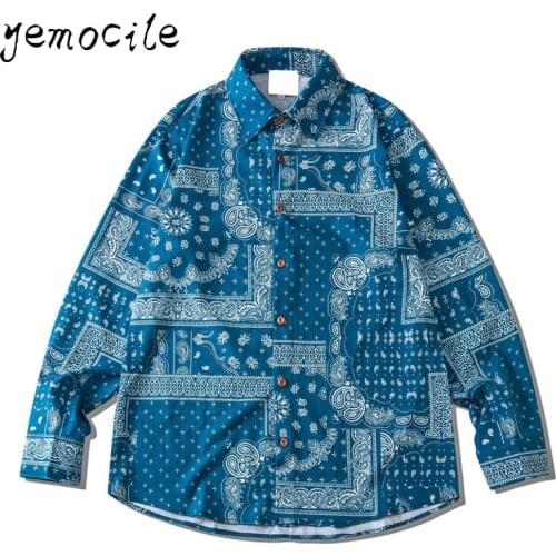 Yemocile Blue Bandana Shirt Long Sleeve Autumn Street Fashion Mens Shirt Male Top