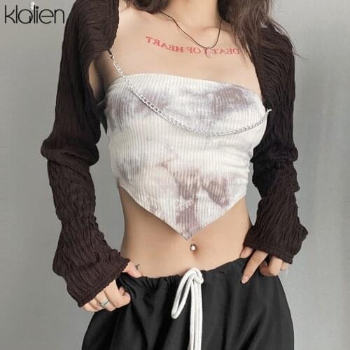 KLALIEN Autumn Fashion Casual Print Two Pieces T Shirt For Women New Long Sleeve High Street Slim Stretch Wild Basic Female Top