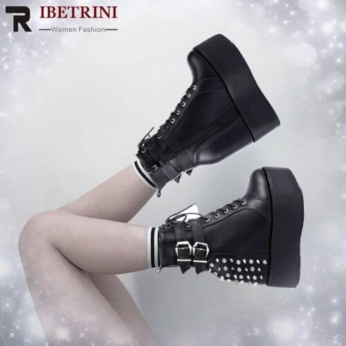 Female Boots Winter Autumn 2021 Rivet Design Buckle Lace Up Design Shoes Wman 2021 Internal Increase Heel Wedges Goth Fashion