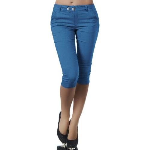 Ladies Women Ladies Pencil 3/4 Pants Plus Size Summer Pockets Button Skinny Calf Length Pants Casual Stretch Trousers Capris