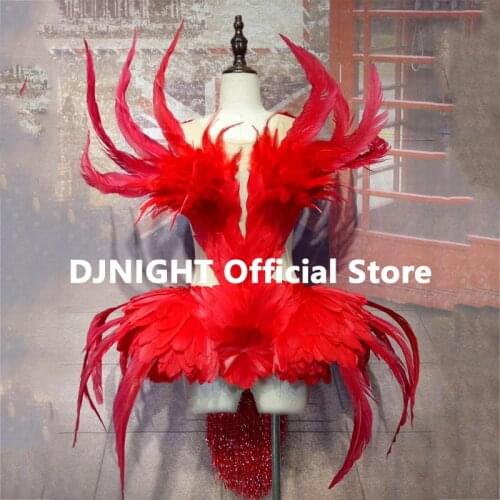 Sparkly Red Ostrich Feather Fringed Jumpsuit Nightclub Bar Costumes Women Dancer Stage Show Prom Celebrate Short Dresses XS2058