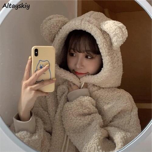 With Hat Hoodies Women Lovely Thicker Winter Soft College Girls Sweatshirts Popular Ulzzang Front Pocket Sweet Womens Hoodie New