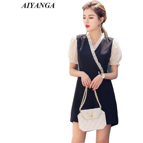 Bodysuit Women 2019 Streetwear Elegant V-neck Chiffon Patchwork High Waist Bodysuit Ladies Black Jumpsuit Summer Shorts Overalls